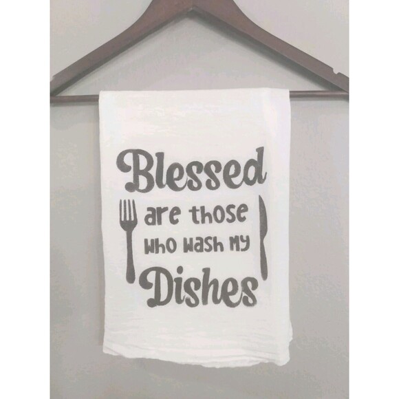 Handmade Blessed Wash My Dishes Quote Flour Sack Towel Cotton Hand Printed Gift - Picture 1 of 8